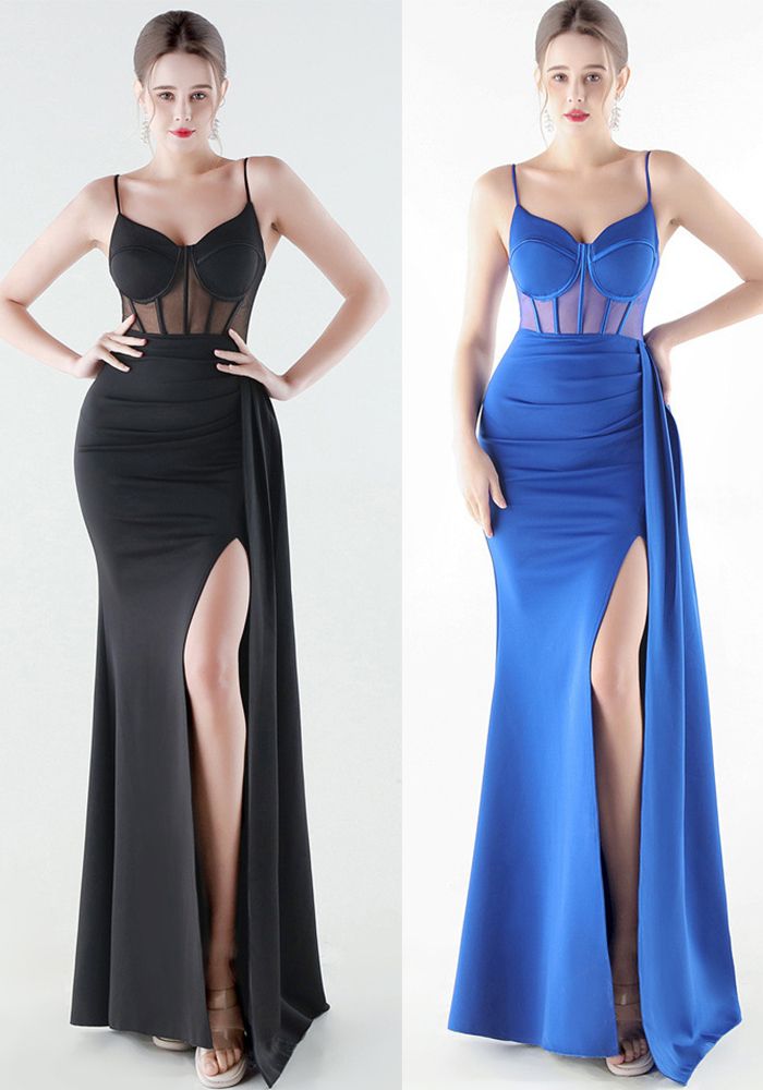 Robe de soirée de luxe en satin et mesh à taille slim et fente haute