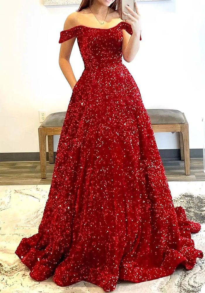 Robe de bal longue en A avec poches et fente haute en shimmer (Délai de traitement de 3 à 6 jours)