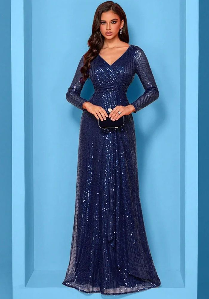 Robe de Soirée Élégante en Sequins Bleu Luxe à Manches Longues et Décolleté en V pour Mariages et Fêtes (Délai de traitement de 3 à 6 jours)
