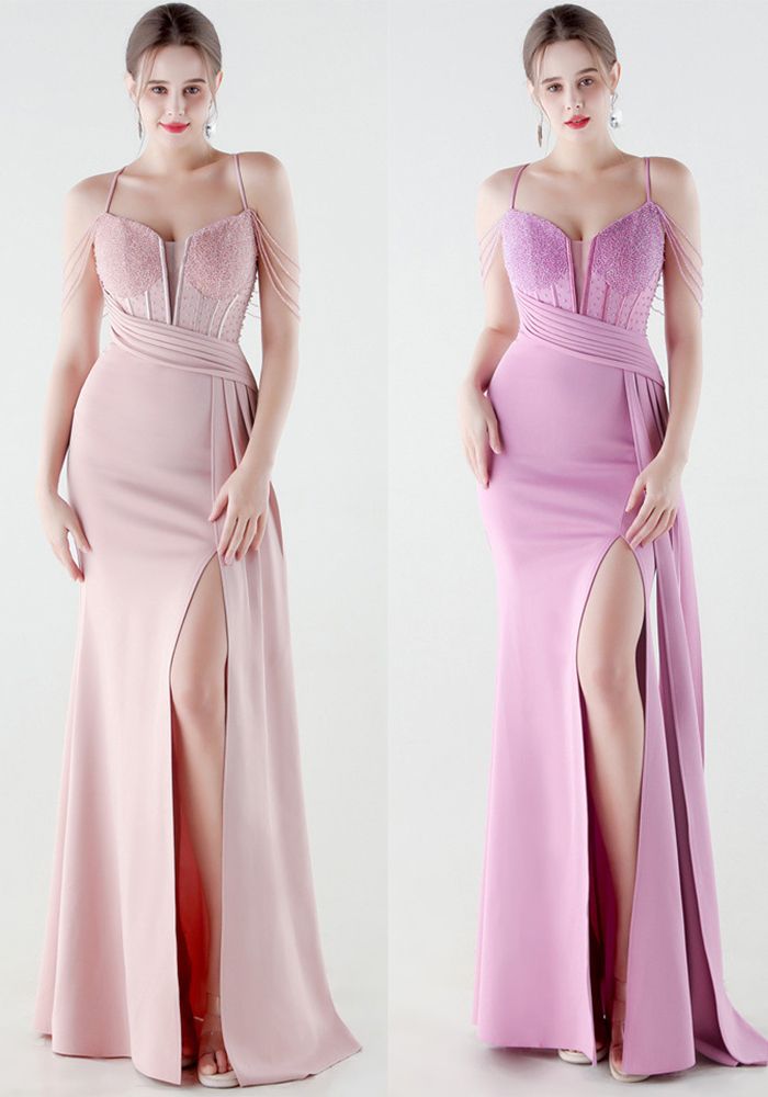 Robe de Soirée Élégante à Fente Sirène avec Chaîne Pailletée pour Femmes