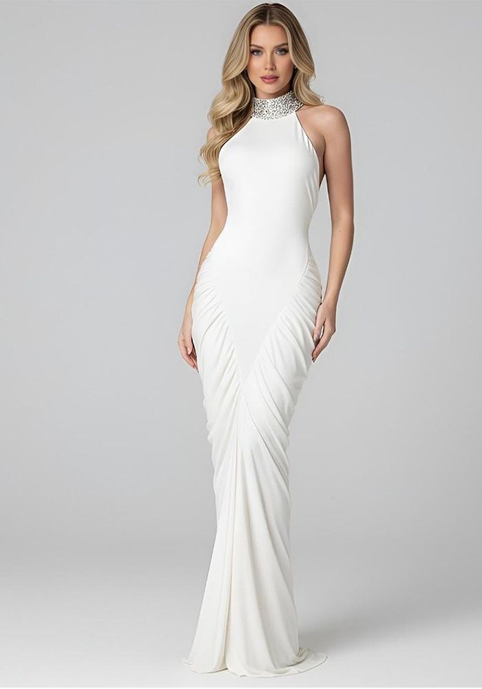 Robe dos nu à col halter plissée pour femmes automne/hiver