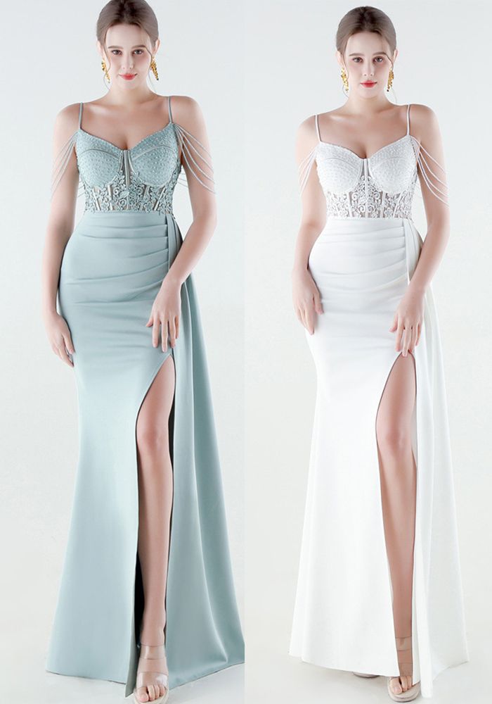 Robe de Soirée Femme à Bretelles Spaghetti avec Fente et Perles en Forme de Sirène