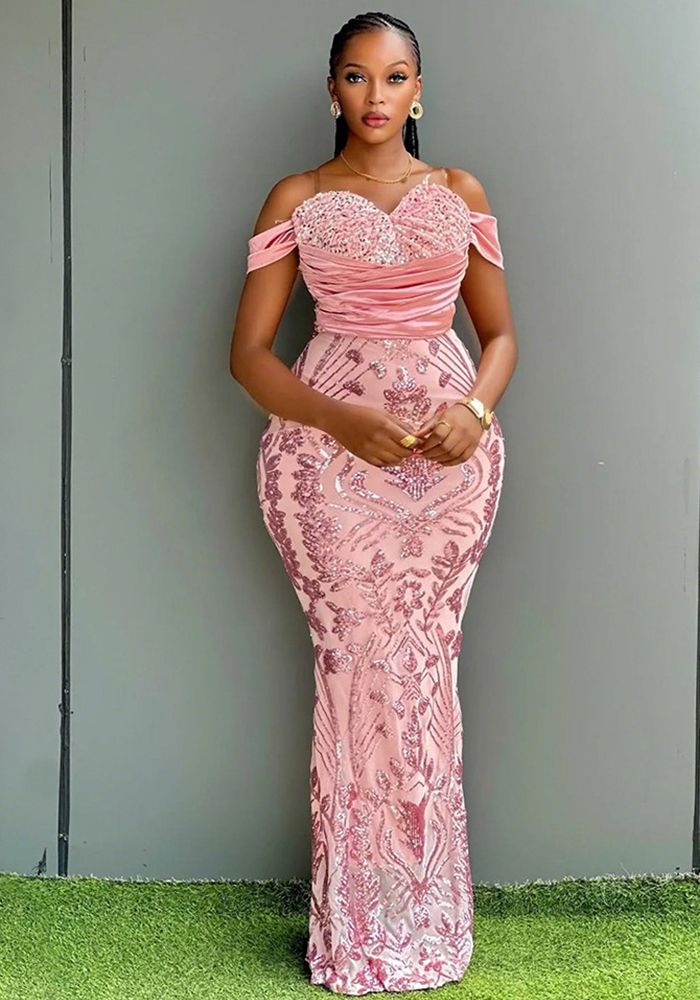 Robe de Soirée Sirène en Velours à Épaules Dégagées avec Paillettes
