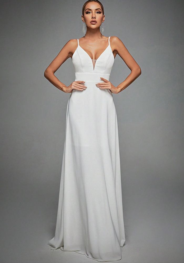 Robe de Soirée Formelle à Dos Nu en Dentelle à Bretelles en V pour Femmes
