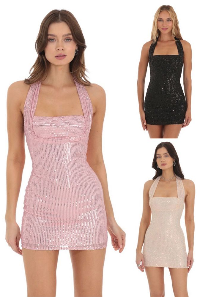 Robe Mini à Col Halter en Sequins pour Femmes