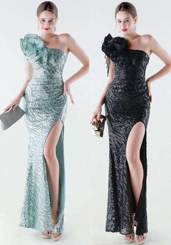 Robe de soirée formelle en mermaid à une épaule en plumes et sequins pour femmes avec fente haute
