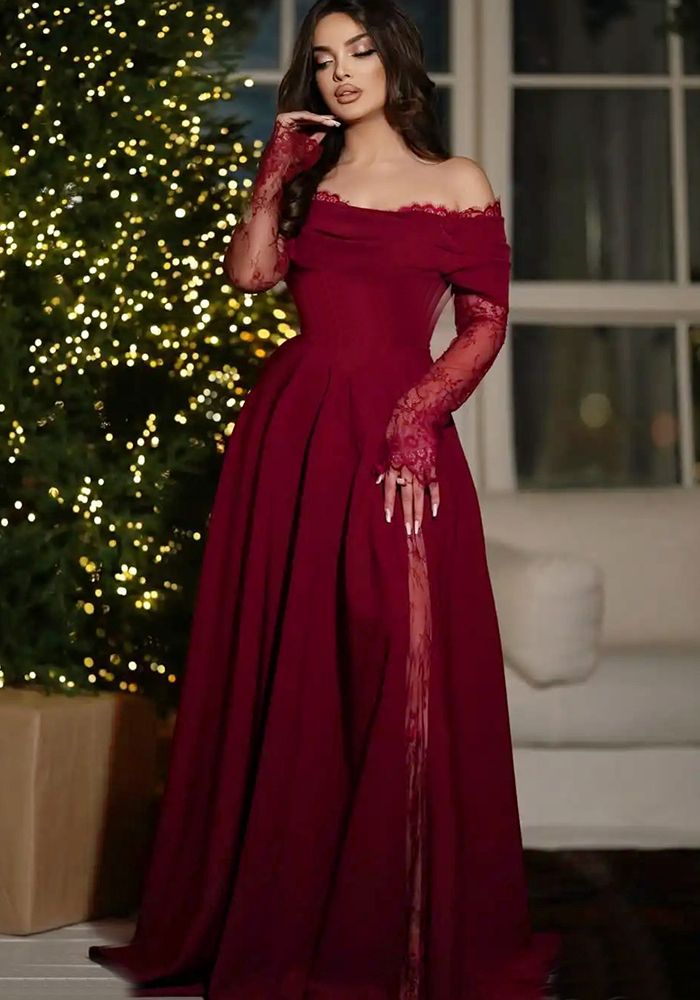 Robe Maxi Off-Shoulder Élégante à Manches en Dentelle pour Femmes