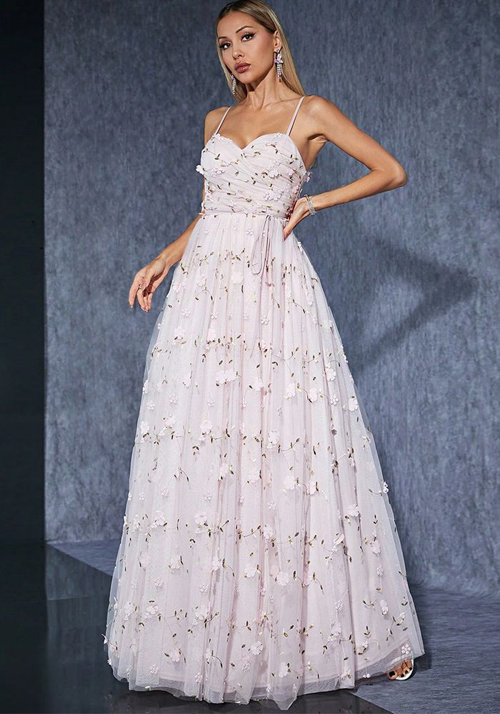 Robe Maxi Formelle à Bretelles Rose Brodée pour Femmes