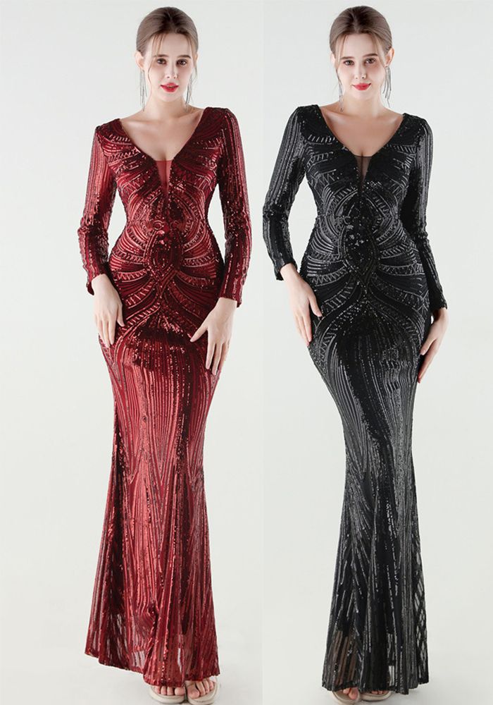 Robe de Soirée Formelle à Manches Longues en Sequins pour Femmes
