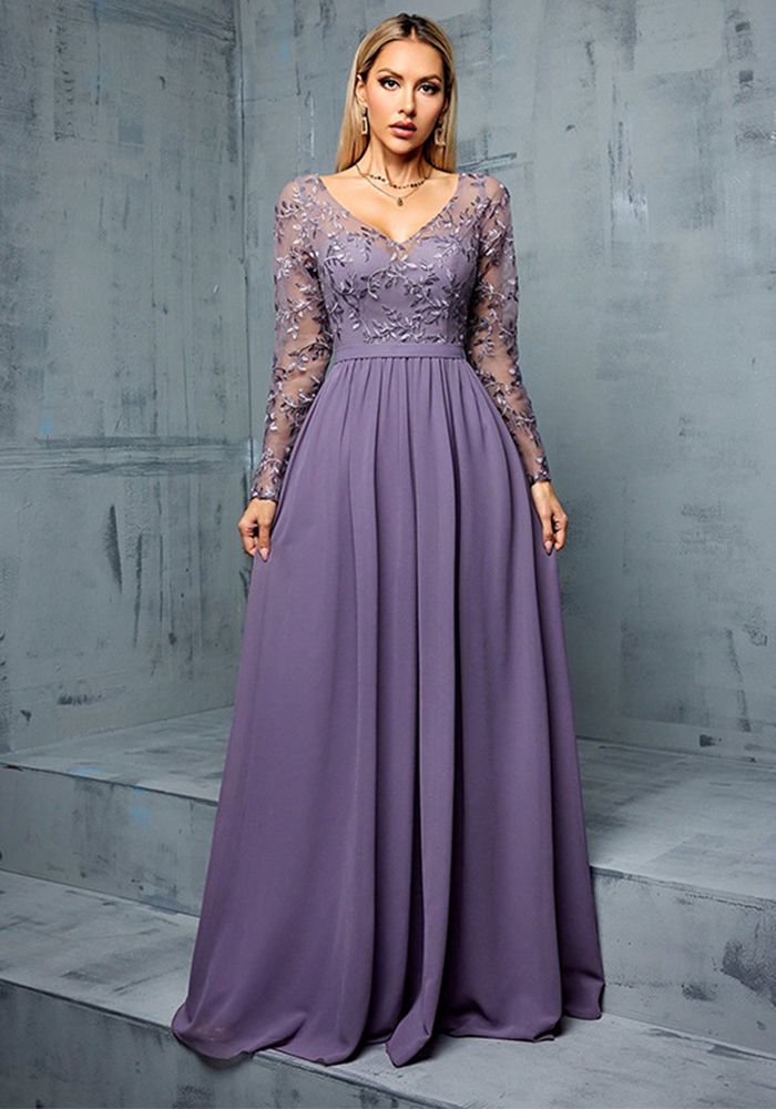 Robe de Soirée Décontractée à Manches Longues en Chiffon pour Femmes