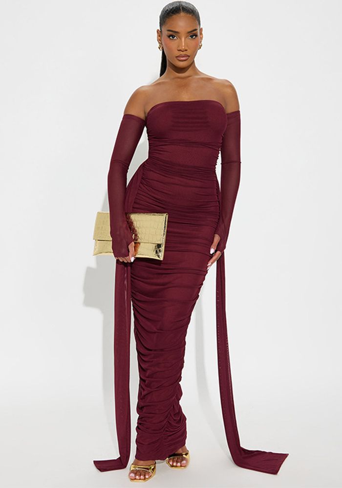 Robe Femme Élégante Unie À Épaules Dégagées À Manches Longues Avec Panneaux En Tulle