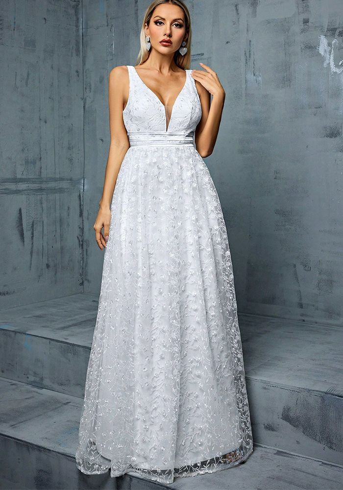 Robe de Soirée Formelle Blanche à Col V pour Femmes