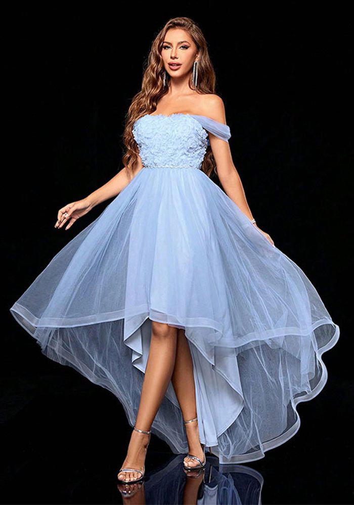 Robe de bal bleu ciel à épaules dénudées pour femmes