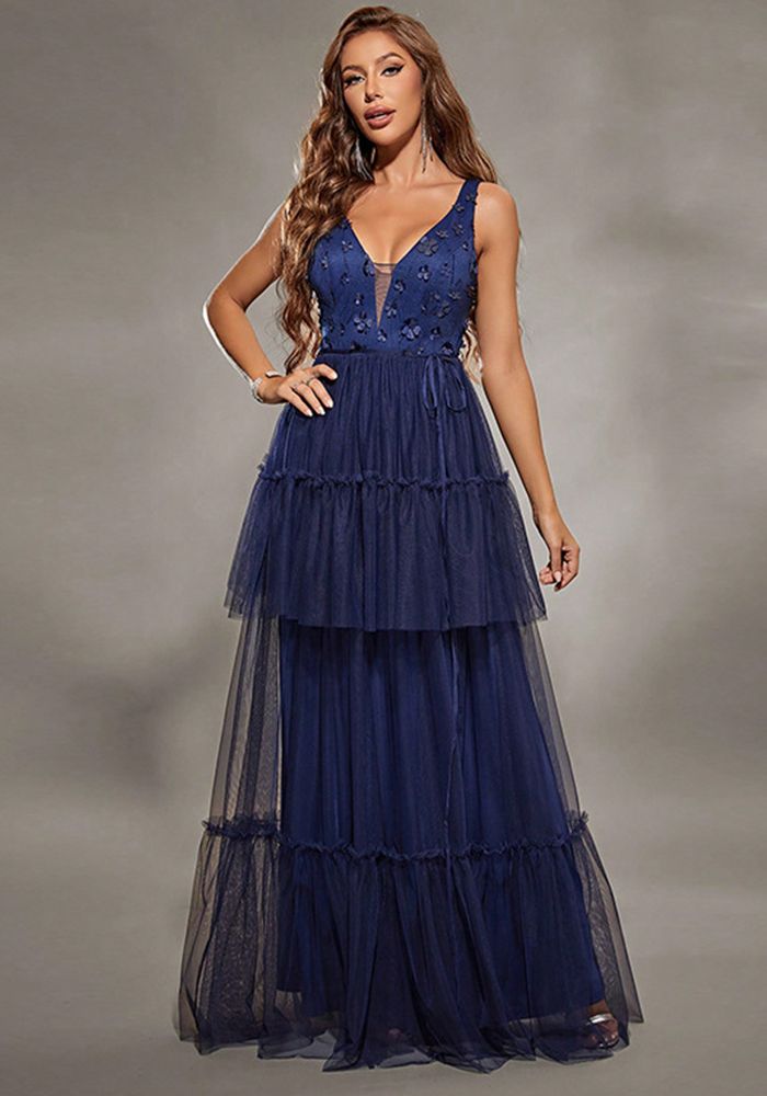 Robe Femme Printemps en Maille avec Volants Cascadants et Décolleté en V