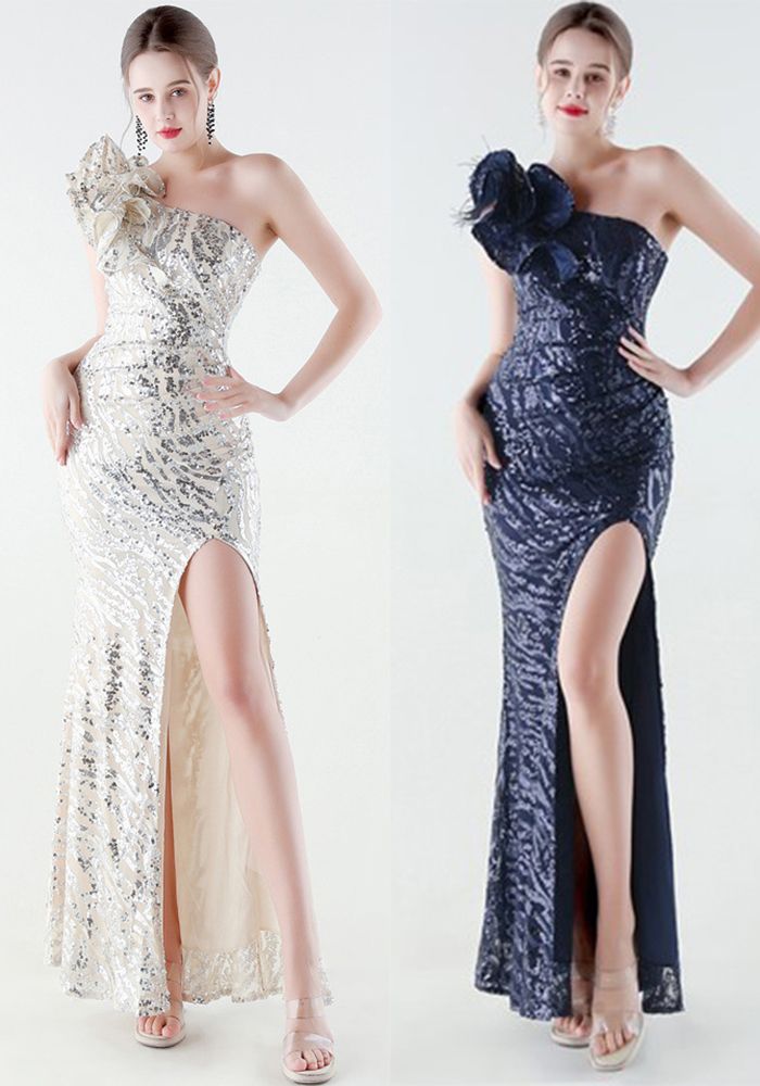 Robe de soirée en sequins à une épaule pour femme avec fente haute