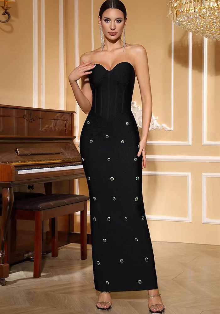 Robe Maxi Sirène Noire Sans Bretelles pour Femmes avec Gemmes