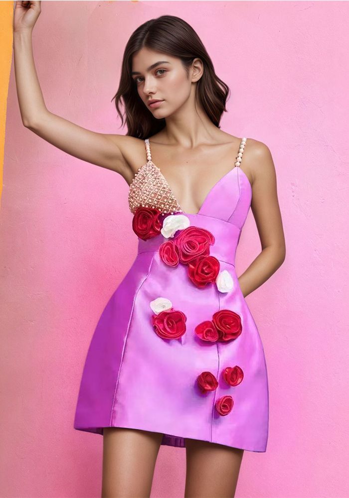Robe de soirée formelle à bretelles avec fleurs en perles pour femmes