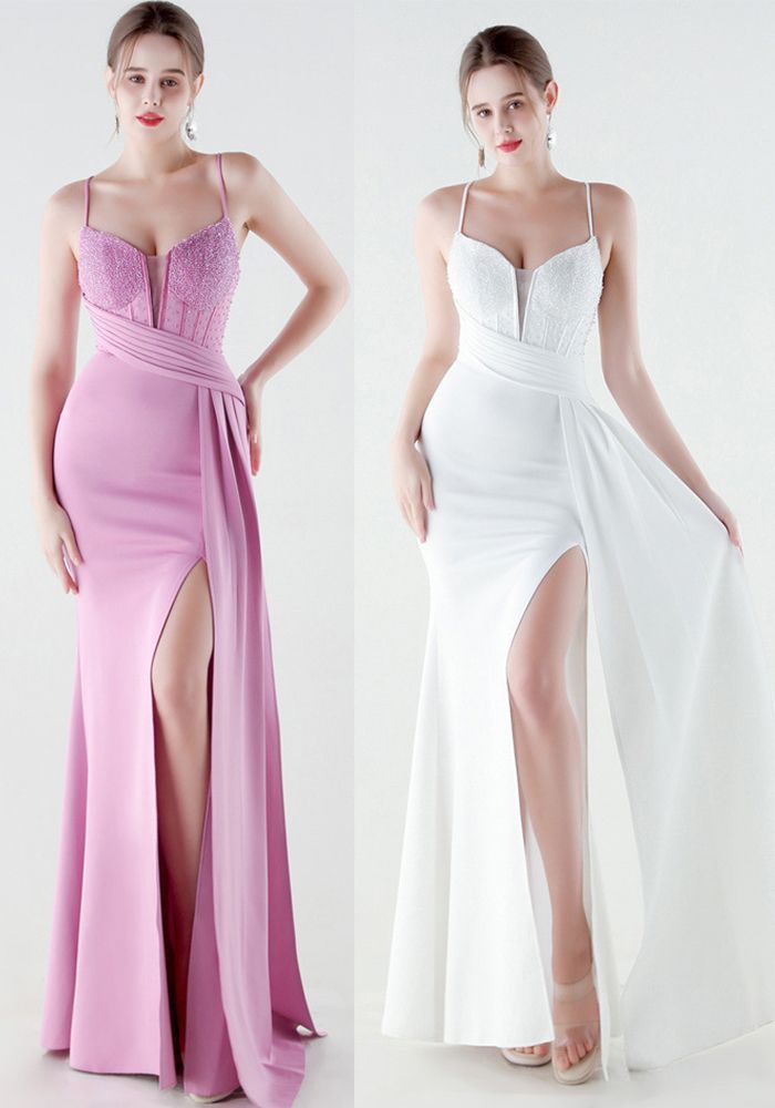 Robe de Soirée Ajustée à Lacets avec Bretelles Perles pour Femmes