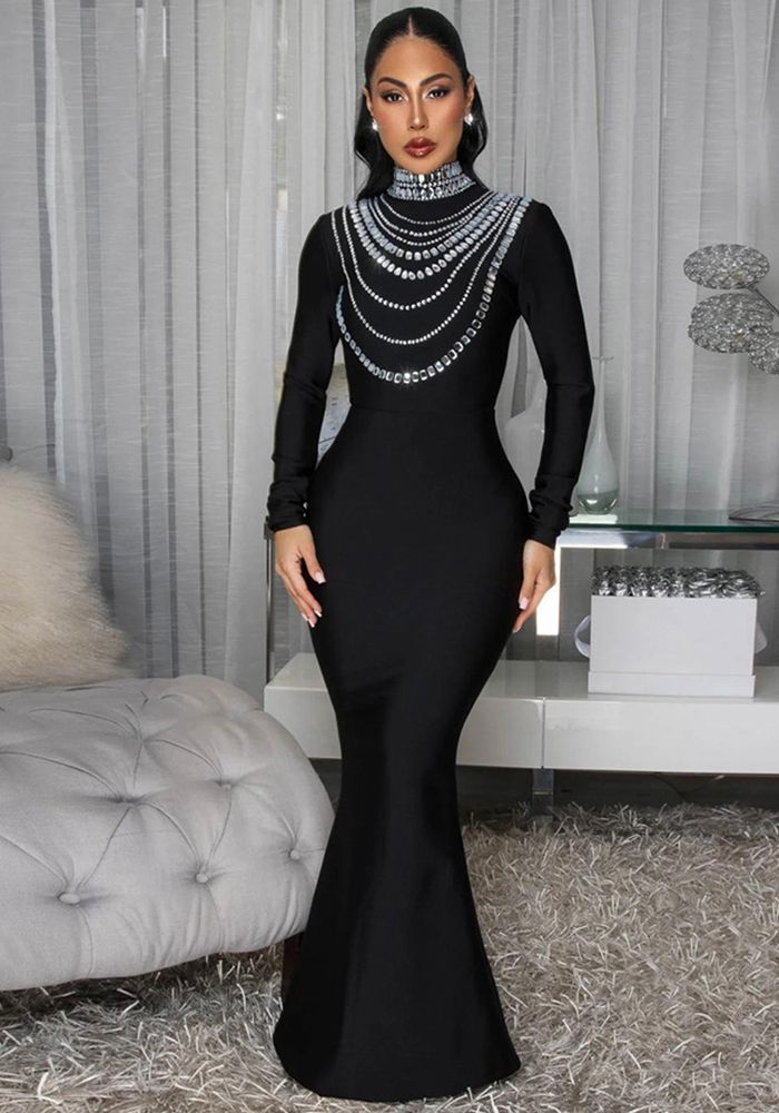 Robe Maxi Bodycon à Col Haut Perlé pour Femmes