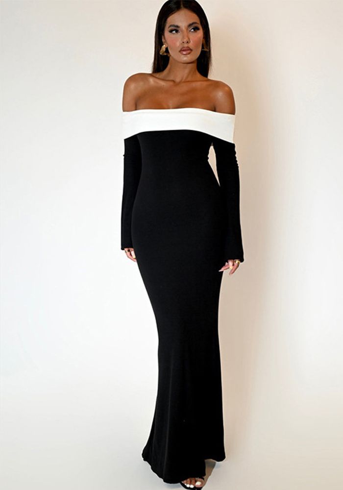 Robe Bodycon Longue à Manches Longues Off-Shoulder en Color Block Automne/Hiver pour Femmes