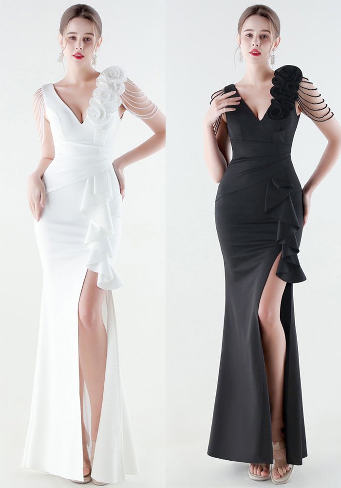 Robe de soirée à volants en fishtail à une épaule ornée de perles pour femmes