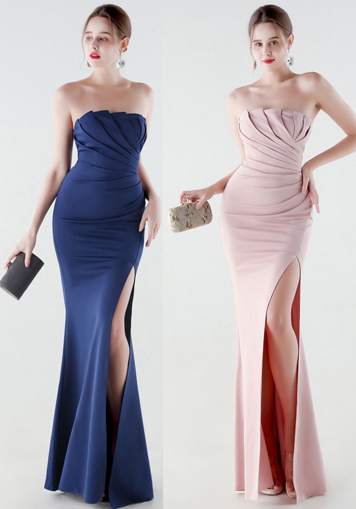 Robe de soirée élégante sans bretelles à volants pour femmes avec fente haute