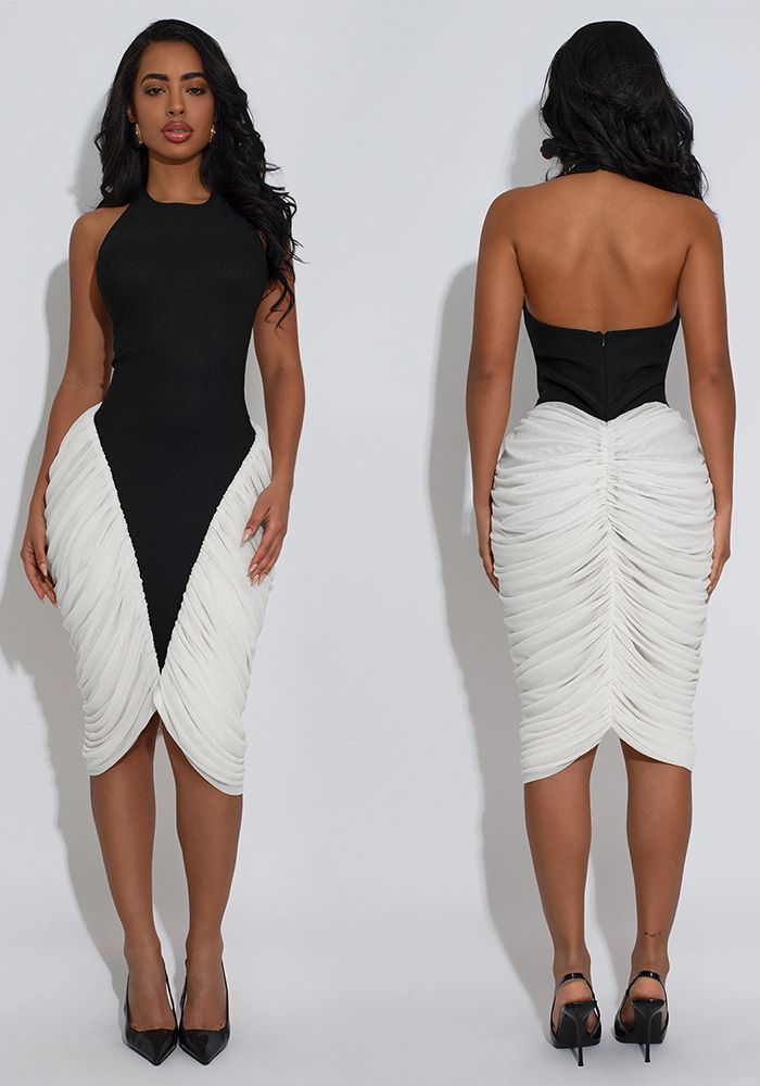 Robe Bodycon Plissée Dos Nu à Col Halter pour Femmes