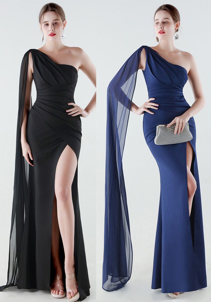 Robe de Soirée Sirène à Épaule Unique avec Fente en Ruban Flottant pour Femmes