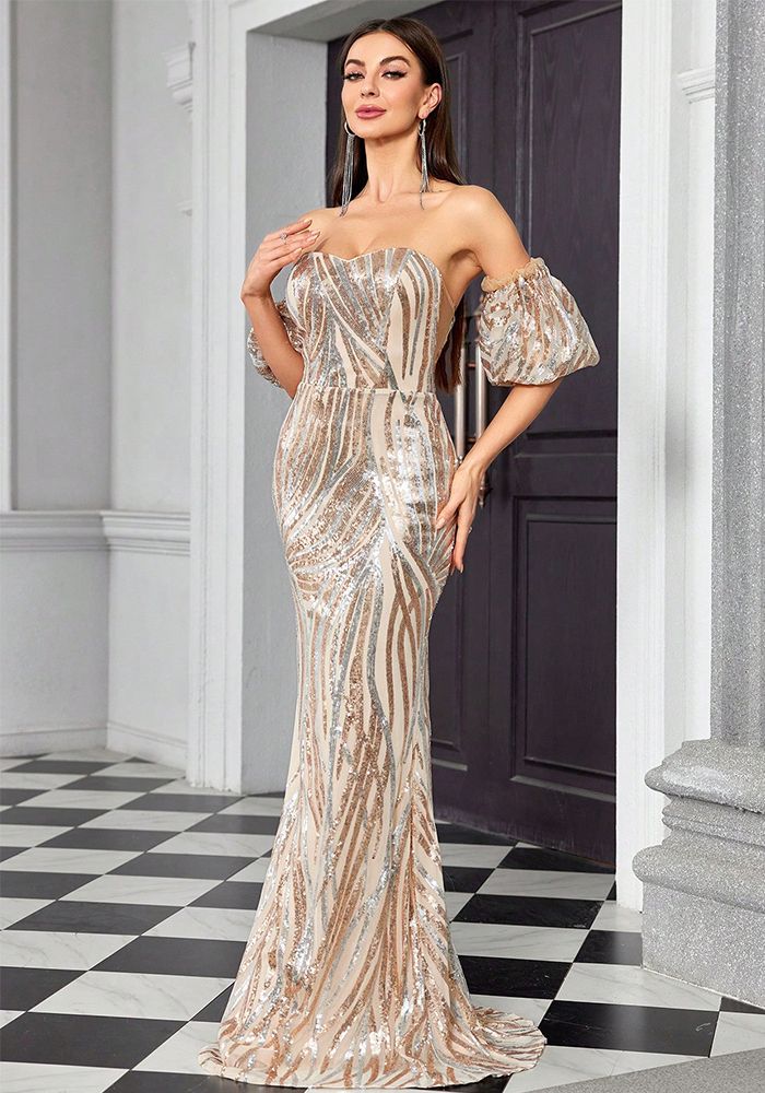 Robe de Soirée Femme Sans Bretelles Chic Paillettes Rayures Glitter Color Block
