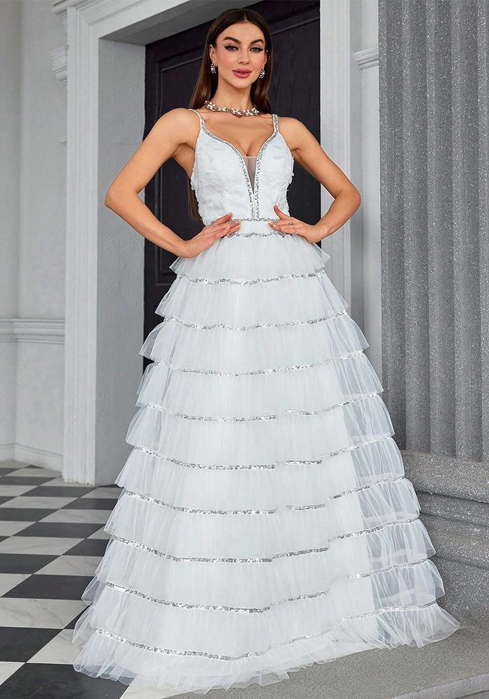 Robe de soirée formelle à volants sans manches pour femmes