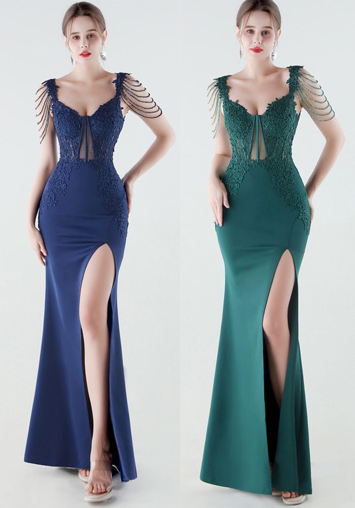 Robe de soirée florale à perles à taille slim pour femmes