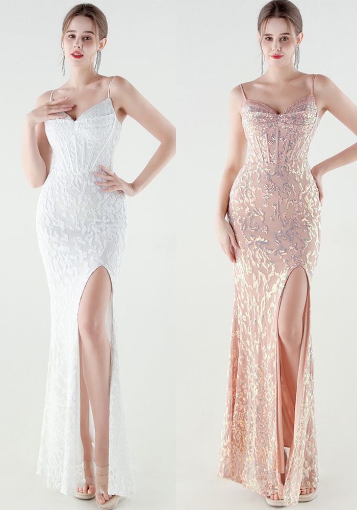 Robe de Soirée Slim Taille Luxe Femme en Sequins et Perles
