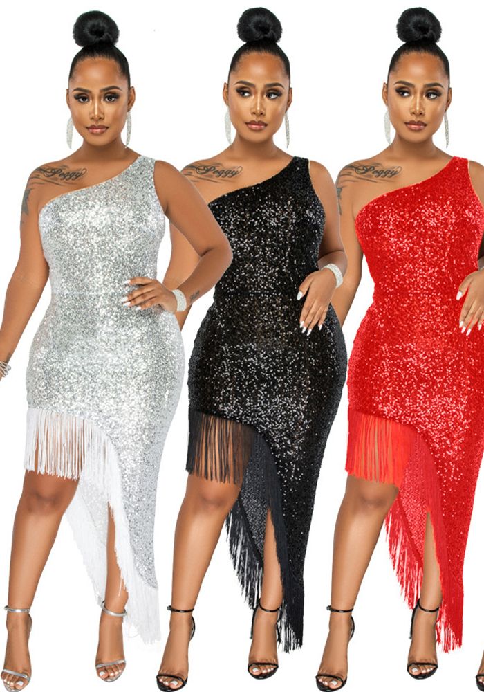 Robe à Franges en Sequins à Épaule Unique pour Femmes