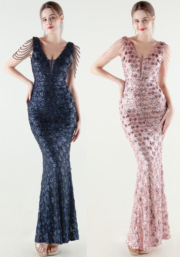 Robe de Soirée Sirène à V-Cou en Perles et Strass pour Femmes