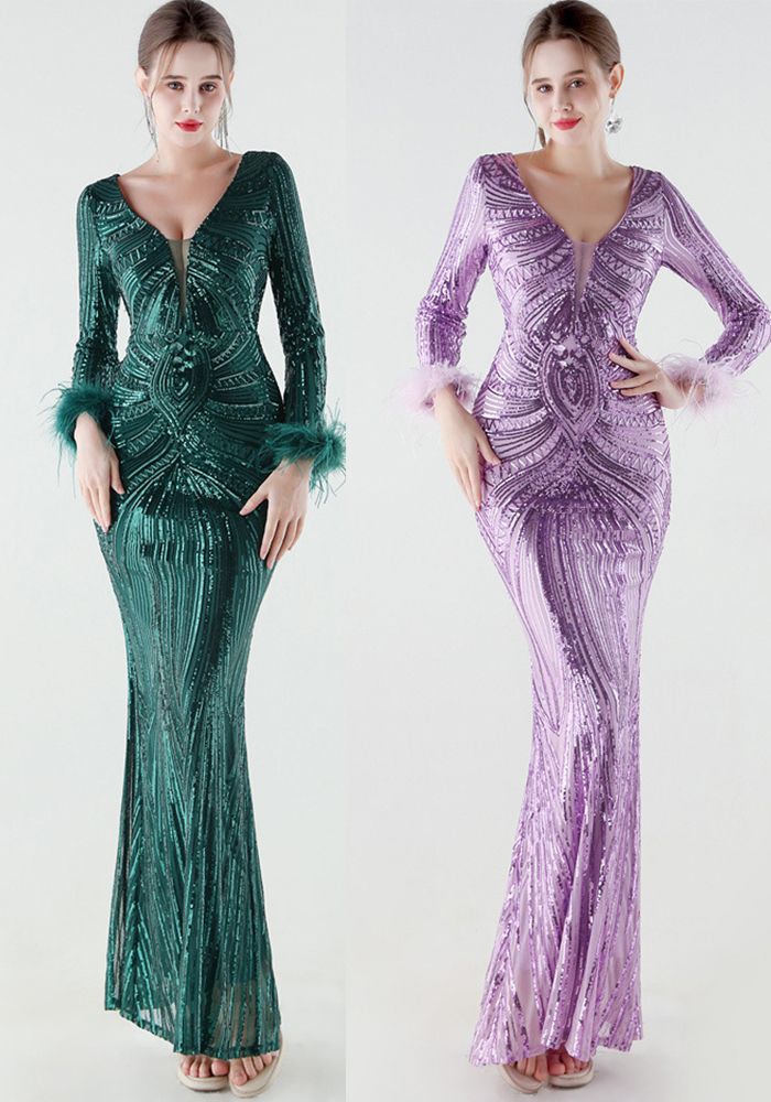 Robe de Soirée Longue à Manches Longues en Sequins de Luxe pour Femme