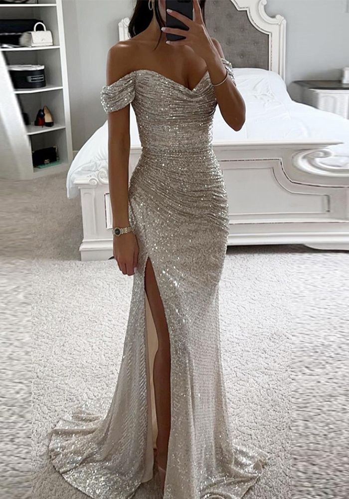 Robe de soirée formelle chic à sequins et épaules dénudées pour femmes