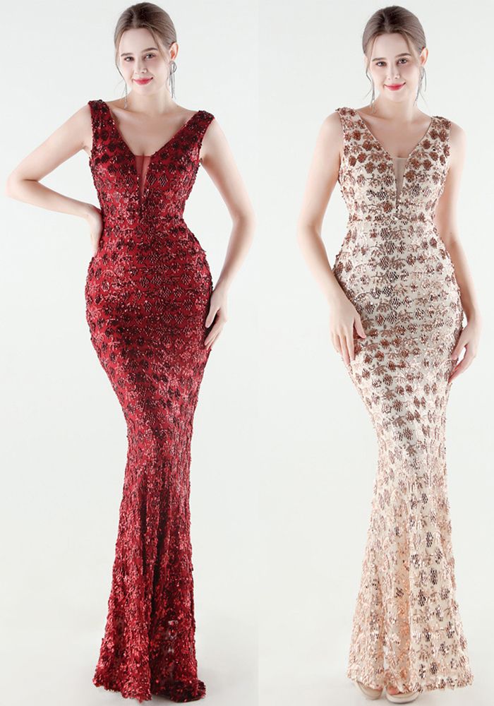 Robe de Soirée Sirène à Paillettes et Perles pour Femmes