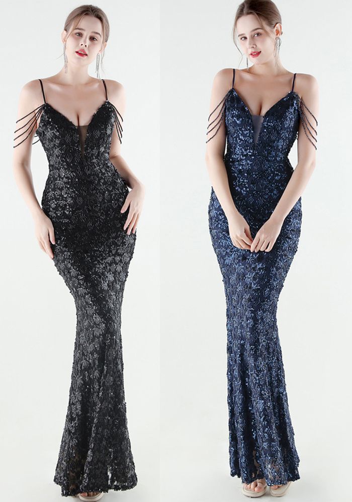 Robe de soirée formelle en mermaid à bretelles en sequins pour femmes
