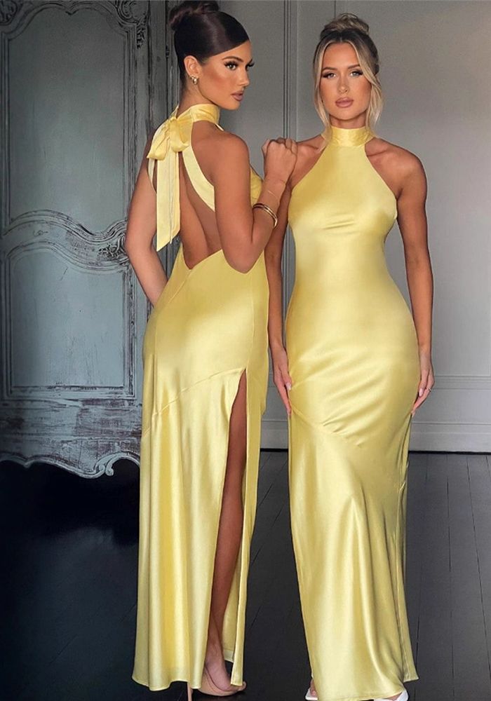 Robe Bodycon Chic en Satin à Dos Nu avec Fente pour Femme