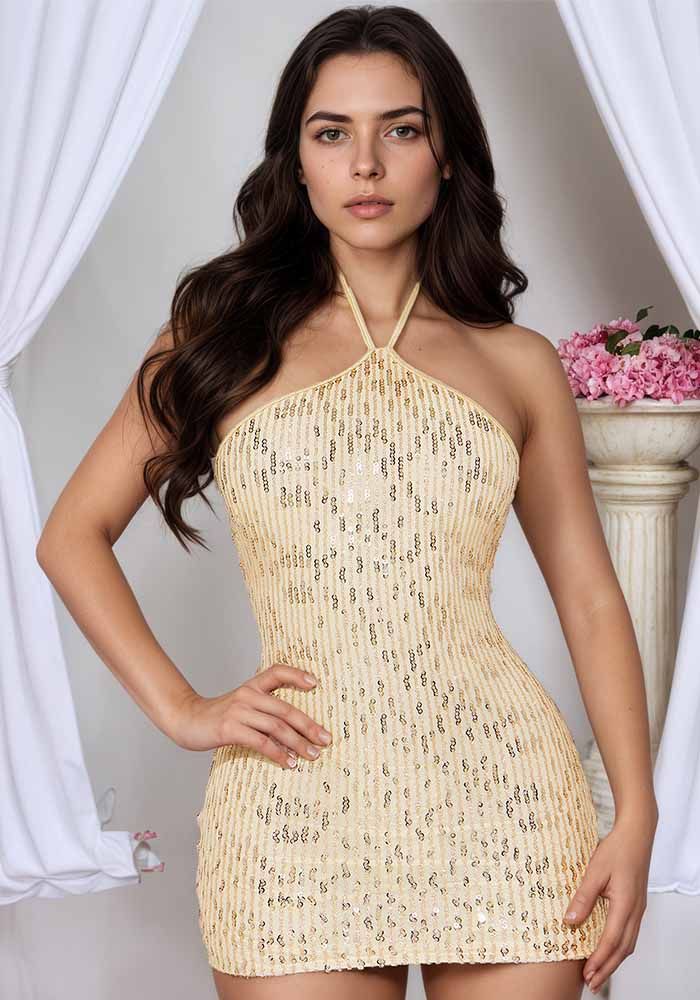 Robe Bodycon Dos Nu à Col Halter en Sequins pour Femmes Automne