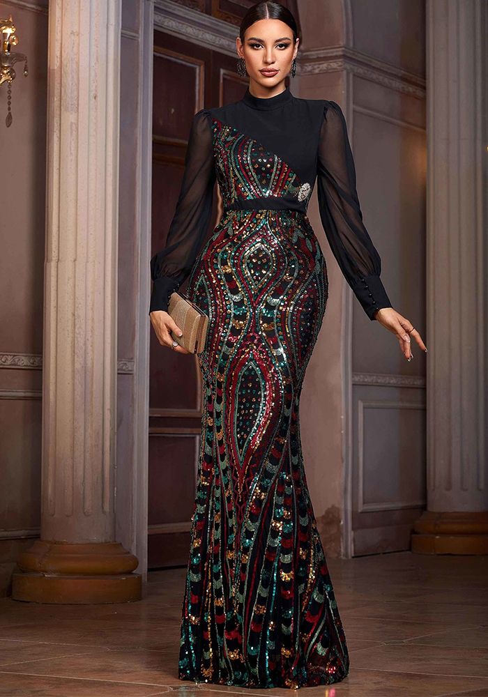 Robe de Soirée Sirène à Manches Longues en Sequins de Luxe pour Femmes