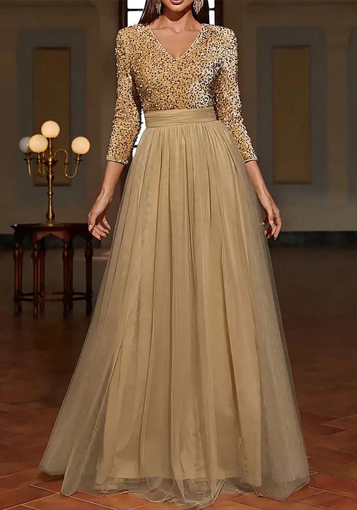 Robe de Soirée Formelle pour Femmes en Or avec Paillettes en Maille et Découpe en V Longue