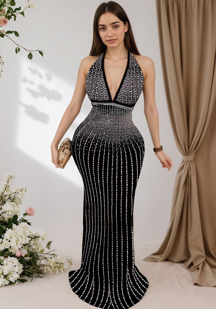 Robe Longue à Col Halter Brodée pour Femme avec Décolleté en V Profond