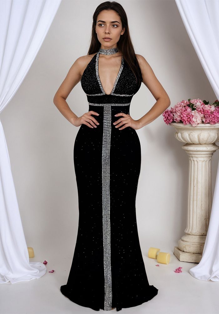 Robe de soirée bodycon à dos nu et col halter pour femmes avec strass