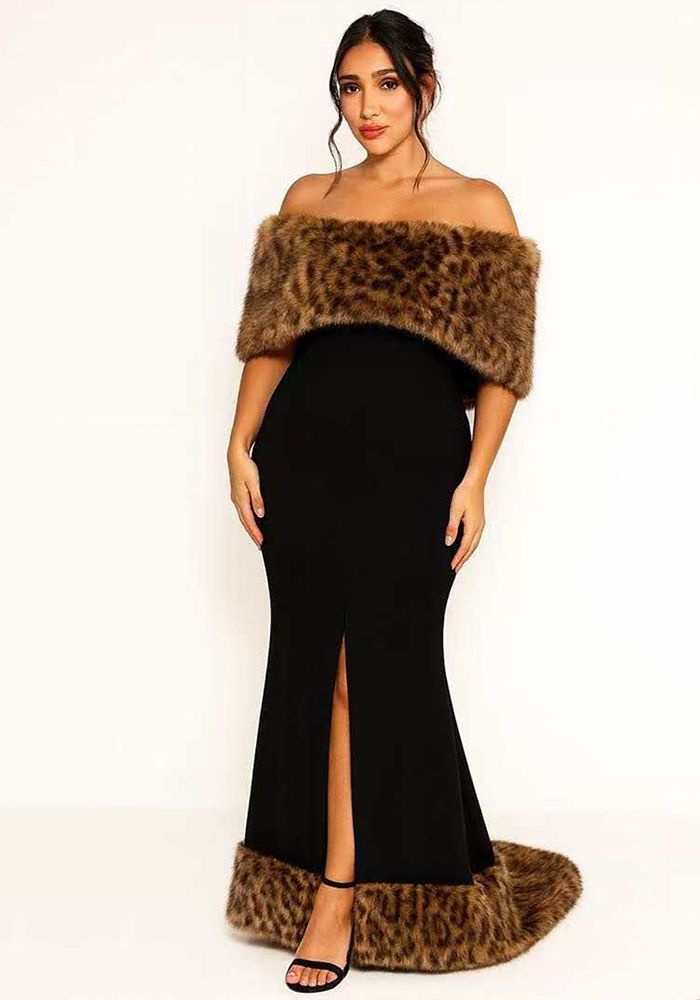 Robe Sirène Femme Imprimé Léopard en Fourrure Décolleté Épaules Nues