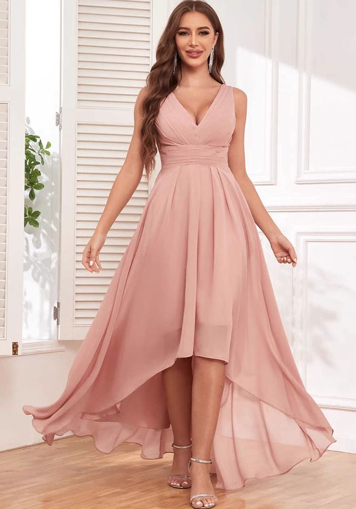 Robe de bal formelle en chiffon plissé à col en V pour femmes (Délai de traitement de 3 à 6 jours)
