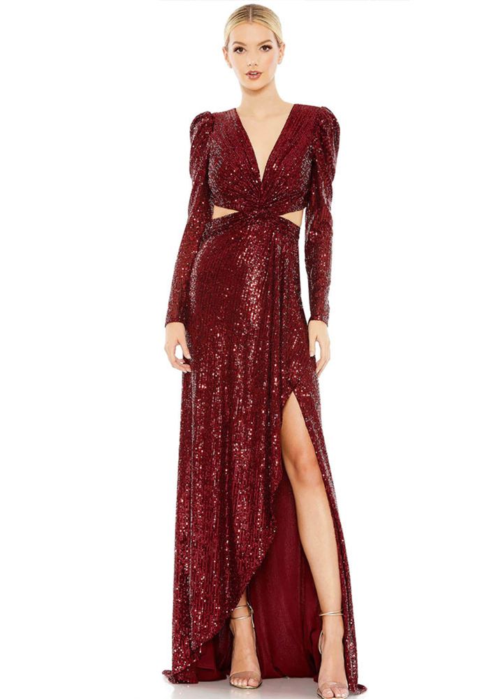 Robe de soirée formelle à manches longues en sequins pour femmes avec décolleté en V profond et taille ouverte