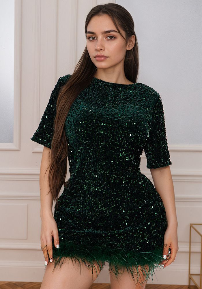 Robe moulante à manches courtes en sequins pour femmes avec col rond d'automne