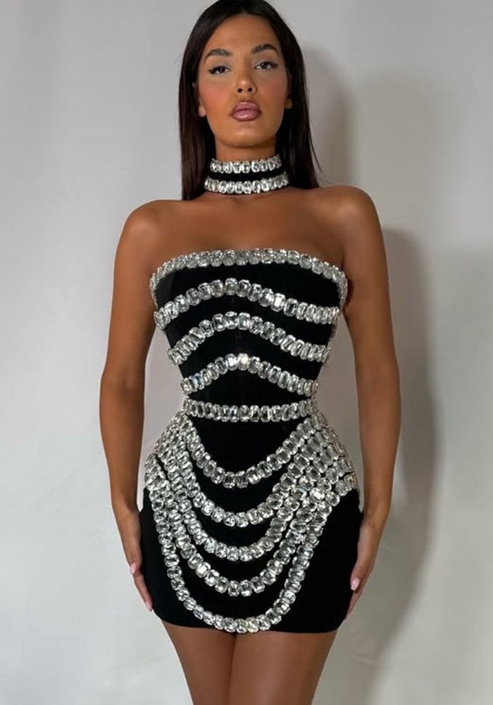 Robe de Soirée Luxe Style Rhinestone Sans Bretelles Ajustée