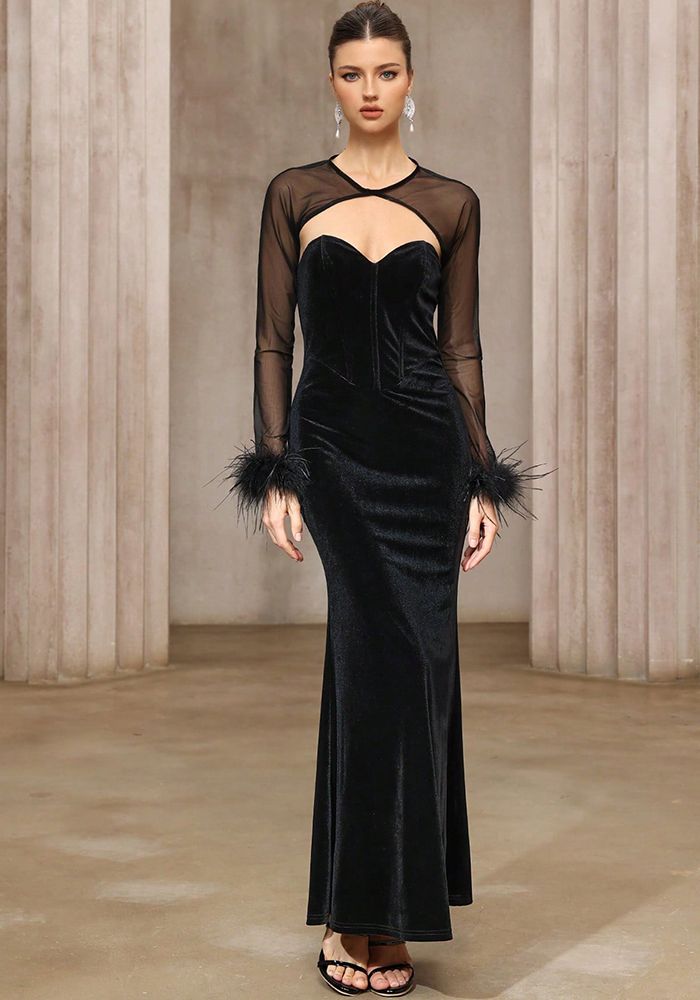 Ensemble de Robe Deux Pièces en Velours Sans Bretelles avec Top en Maille Semi-Transparent à Carreaux